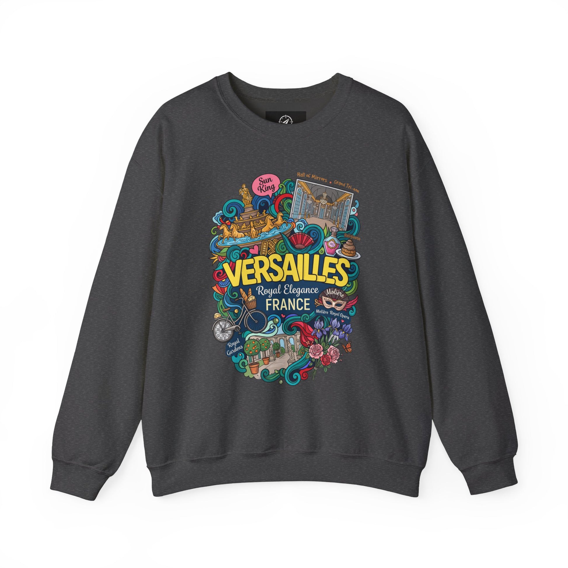 Dark gray crewneck sweatshirt with colorful Versailles illustrated graphic on the front