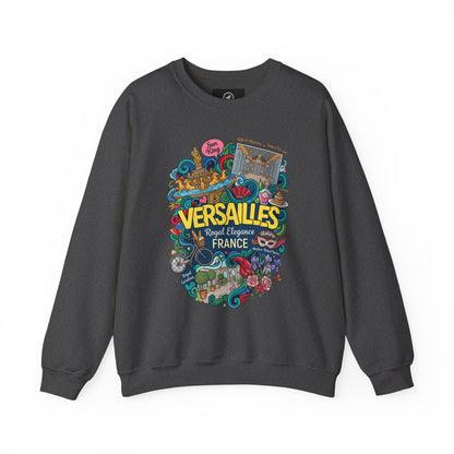 Dark gray crewneck sweatshirt with colorful Versailles illustrated graphic on the front