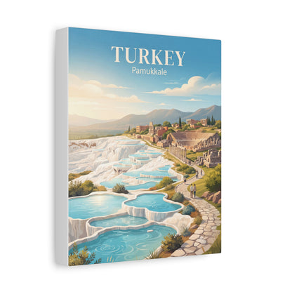 Turkey Pamukkale matte canvas wall art, three-quarter angle with turquoise terraces and road