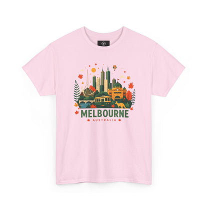 Melbourne skyline t-shirt in light pink, front graphic city skyline with “Melbourne Australia” text