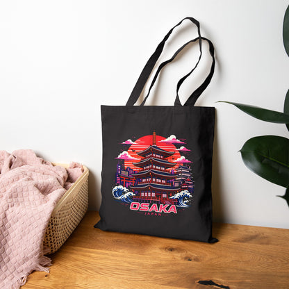 Black cotton tote bag with Osaka graphic, shown with handles upright