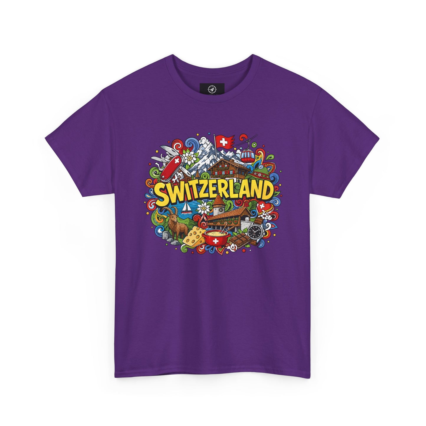 Men's travel T-shirt in purple with colorful Swiss-themed "SWITZERLAND" graphic