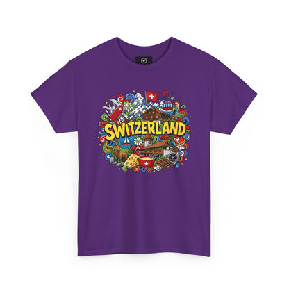 Men's travel T-shirt in purple with colorful Swiss-themed "SWITZERLAND" graphic
