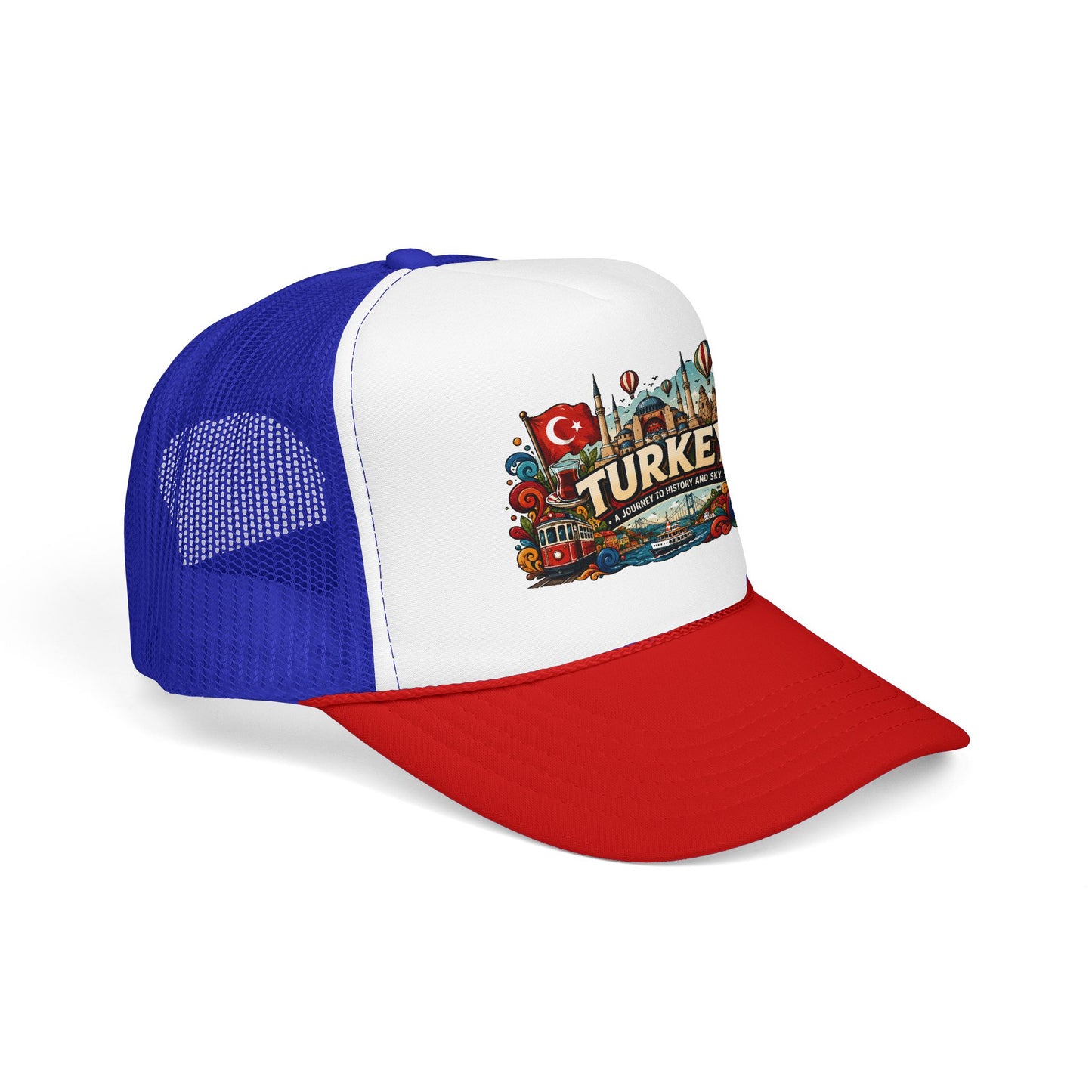 Blue and red mesh trucker hat with colorful Turkey logo patch and curved brim