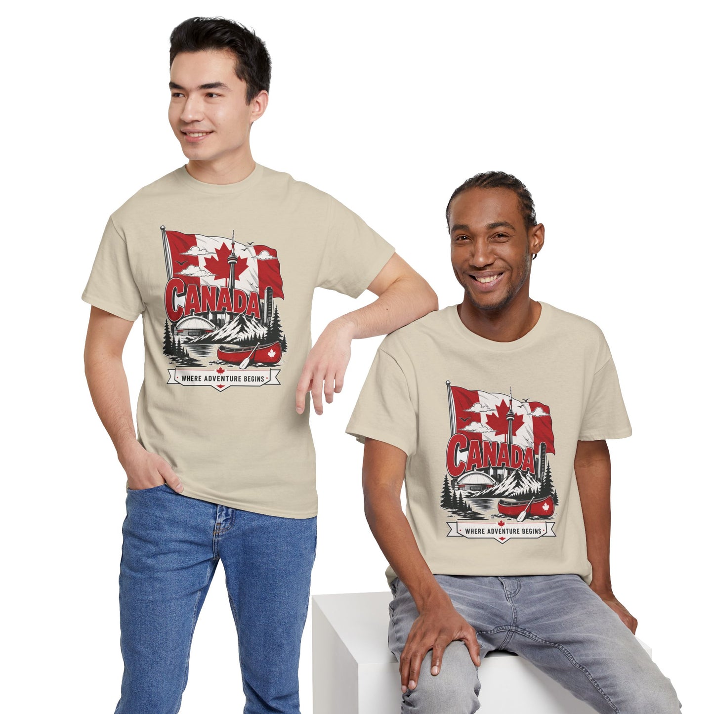 Natural beige crew-neck short-sleeve Canada graphic T-shirt on two people