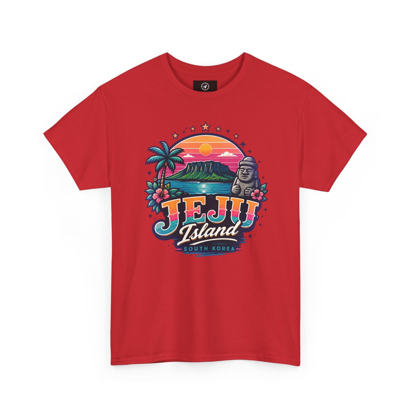Red Jeju Island graphic T-shirt with colorful sunset, palm trees, and statue logo