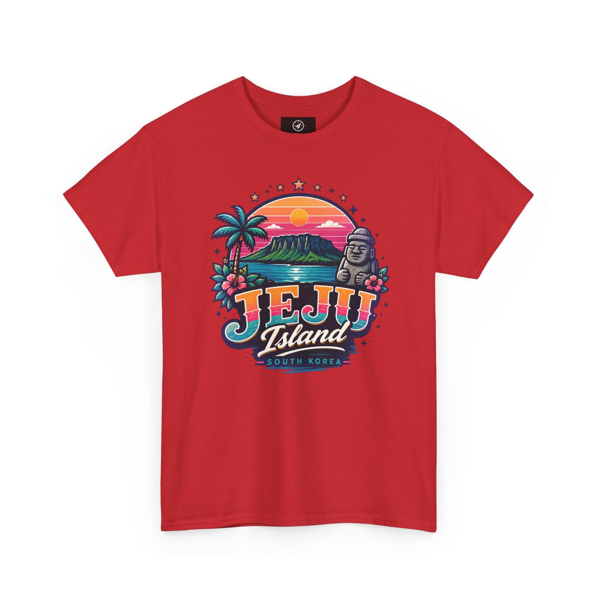 Red Jeju Island graphic T-shirt with colorful sunset, palm trees, and statue logo