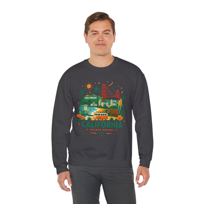 Dark heather crewneck sweatshirt with colorful California graphic on the front.