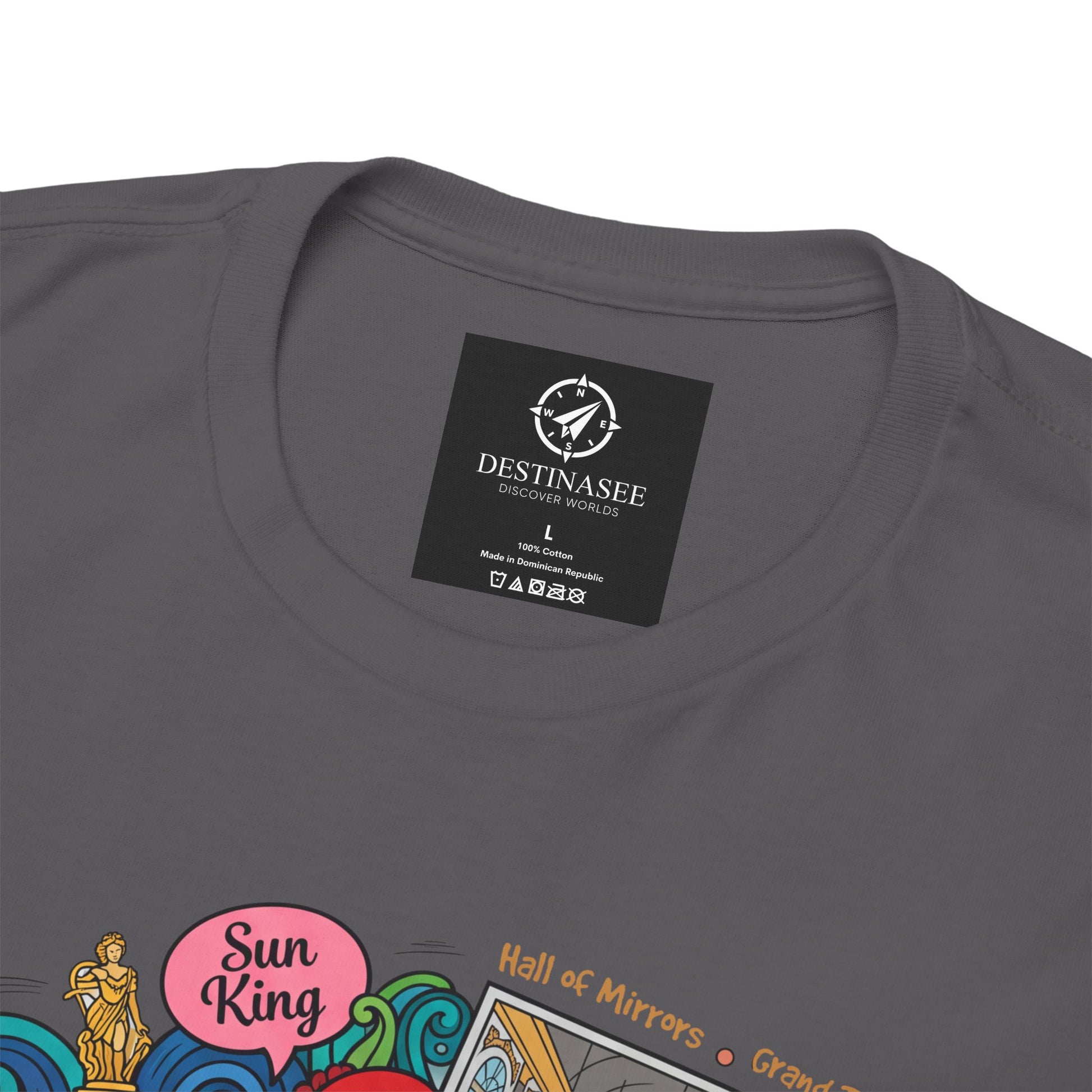 Charcoal t-shirt back close-up with brand tag at neckline and partial artwork