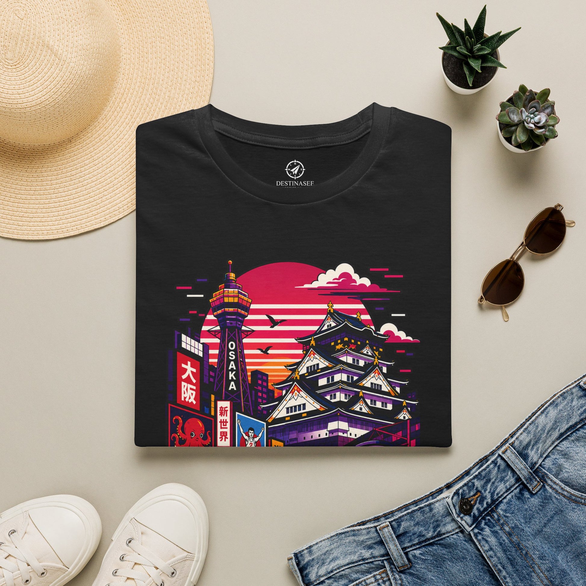 Black T-shirt featuring a neon Osaka cityscape print centered on the chest