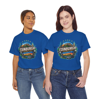 Royal blue crew-neck T-shirt with colorful "Edinburgh" front graphic
