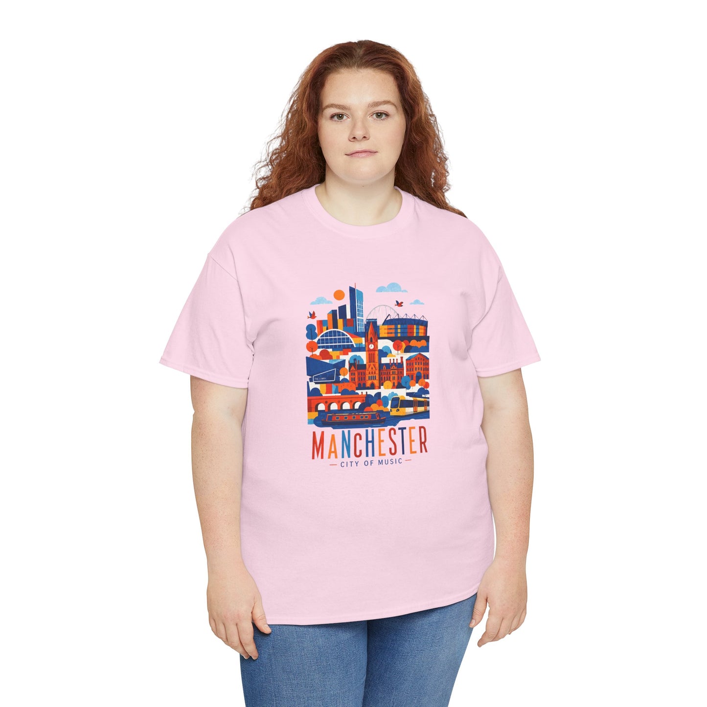 Pink Manchester Skyline T-shirt with colorful Manchester city graphic on front.