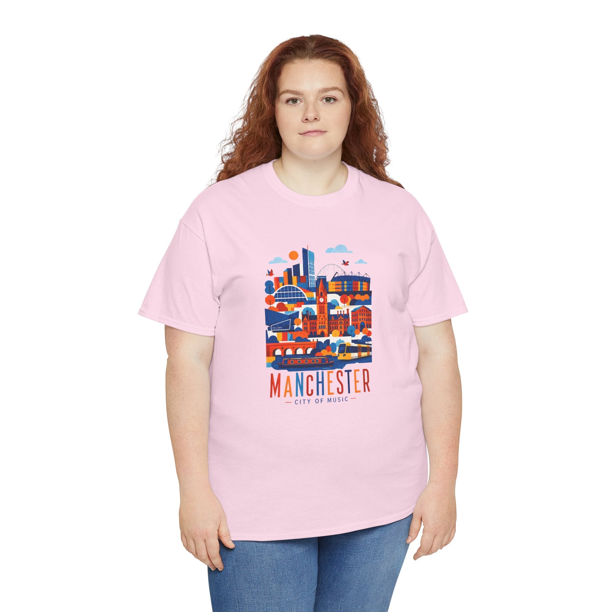 Pink Manchester Skyline T-shirt with colorful Manchester city graphic on front.