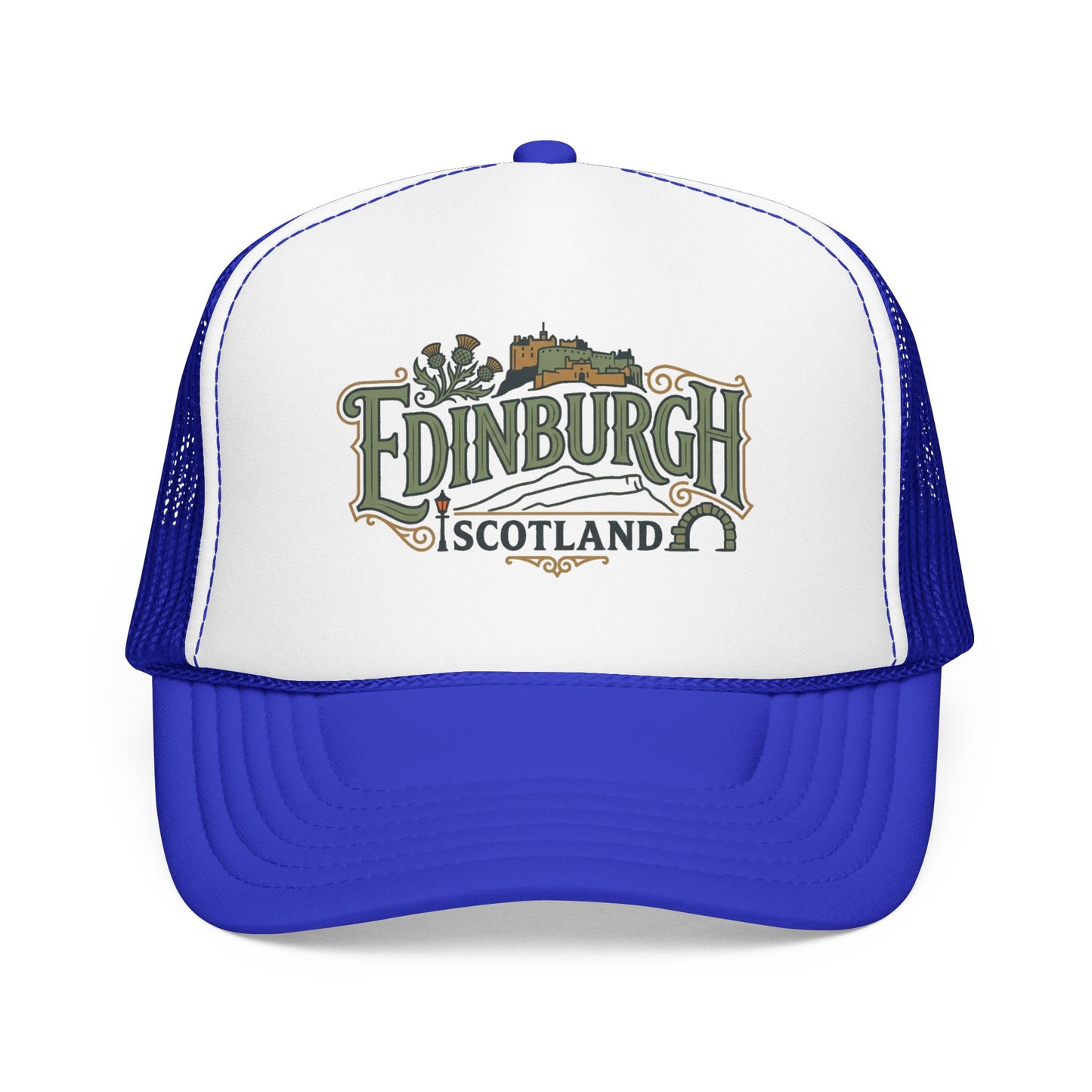 Royal blue and white trucker hat with mesh back and Edinburgh Scotland logo front.