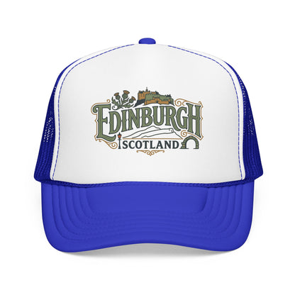 Royal blue and white trucker hat with mesh back and Edinburgh Scotland logo front.