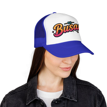 Blue and white mesh trucker hat with curved brim and “Busan” front logo