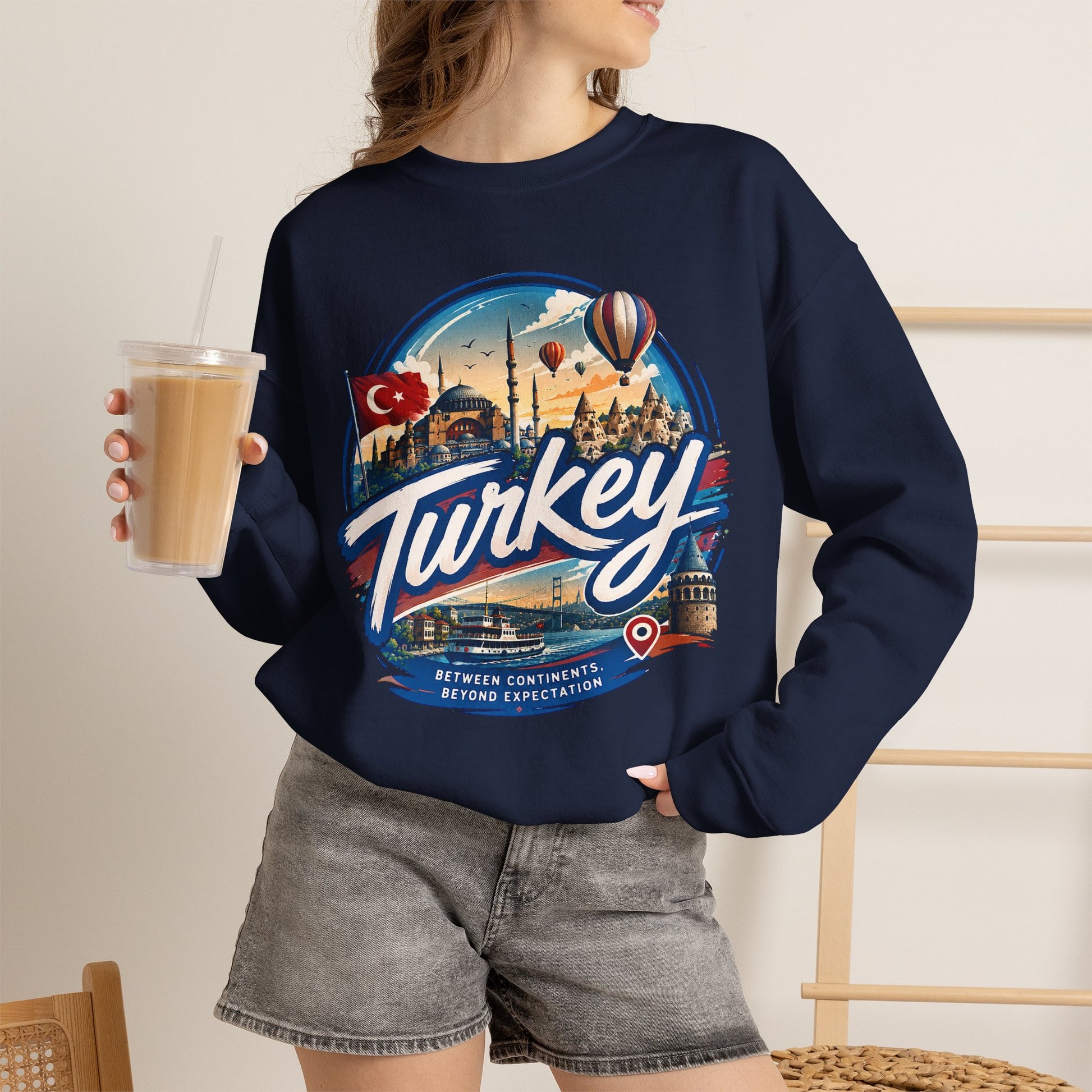 Navy crewneck sweatshirt with large Turkey graphic on front, ribbed cuffs.