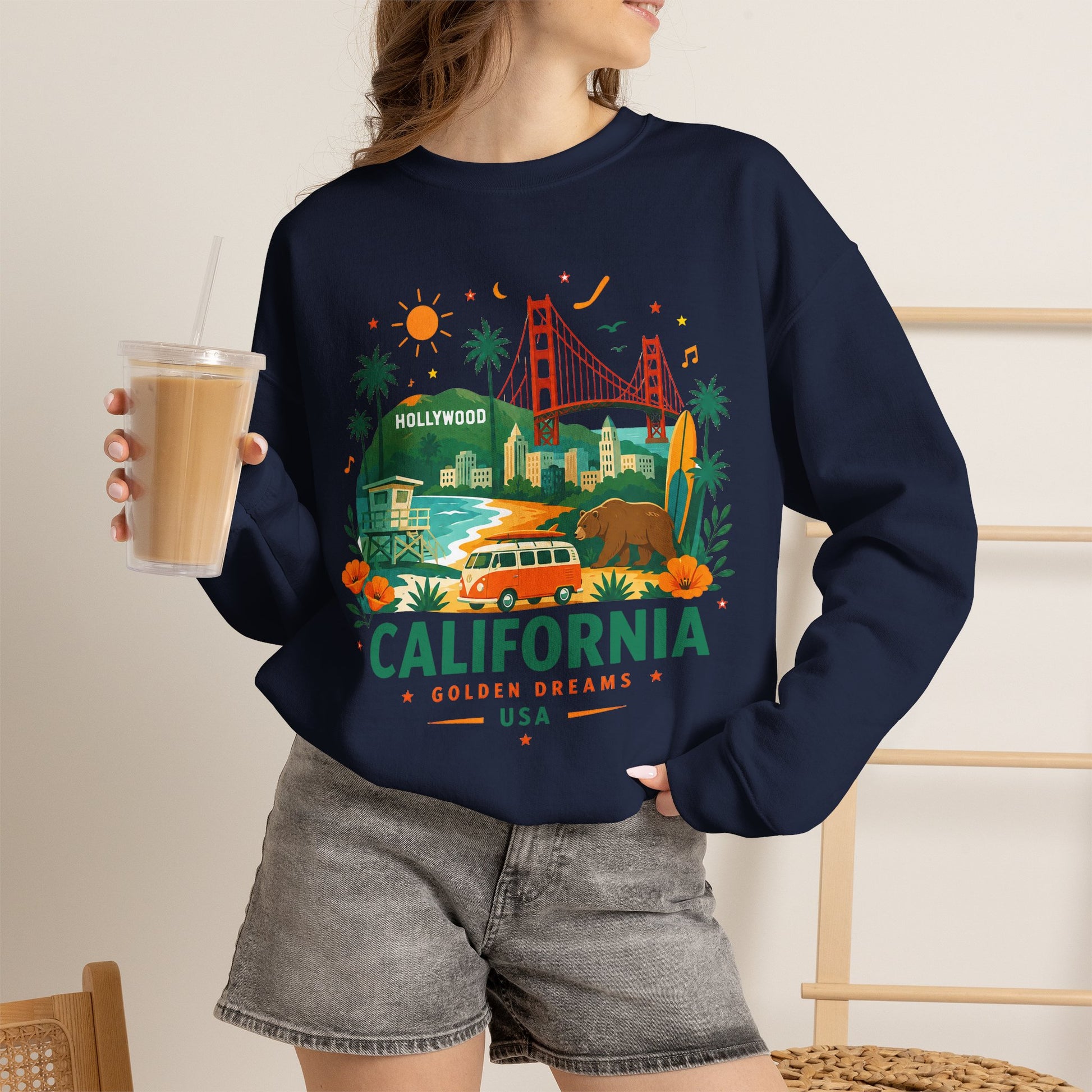 Navy crewneck sweatshirt with colorful California graphic on the front.