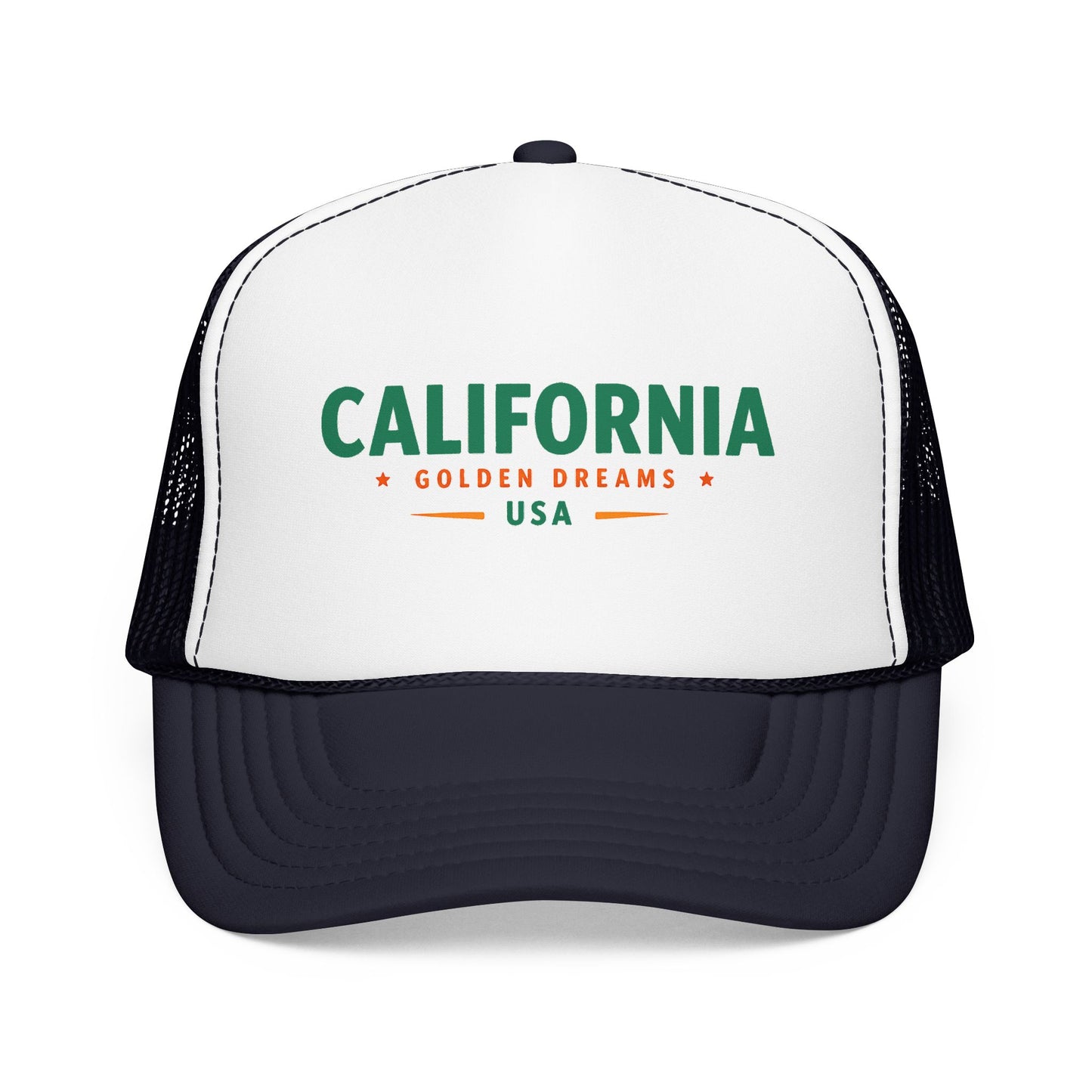 Two-tone trucker hat with white front, dark navy mesh sides, and green “California” logo