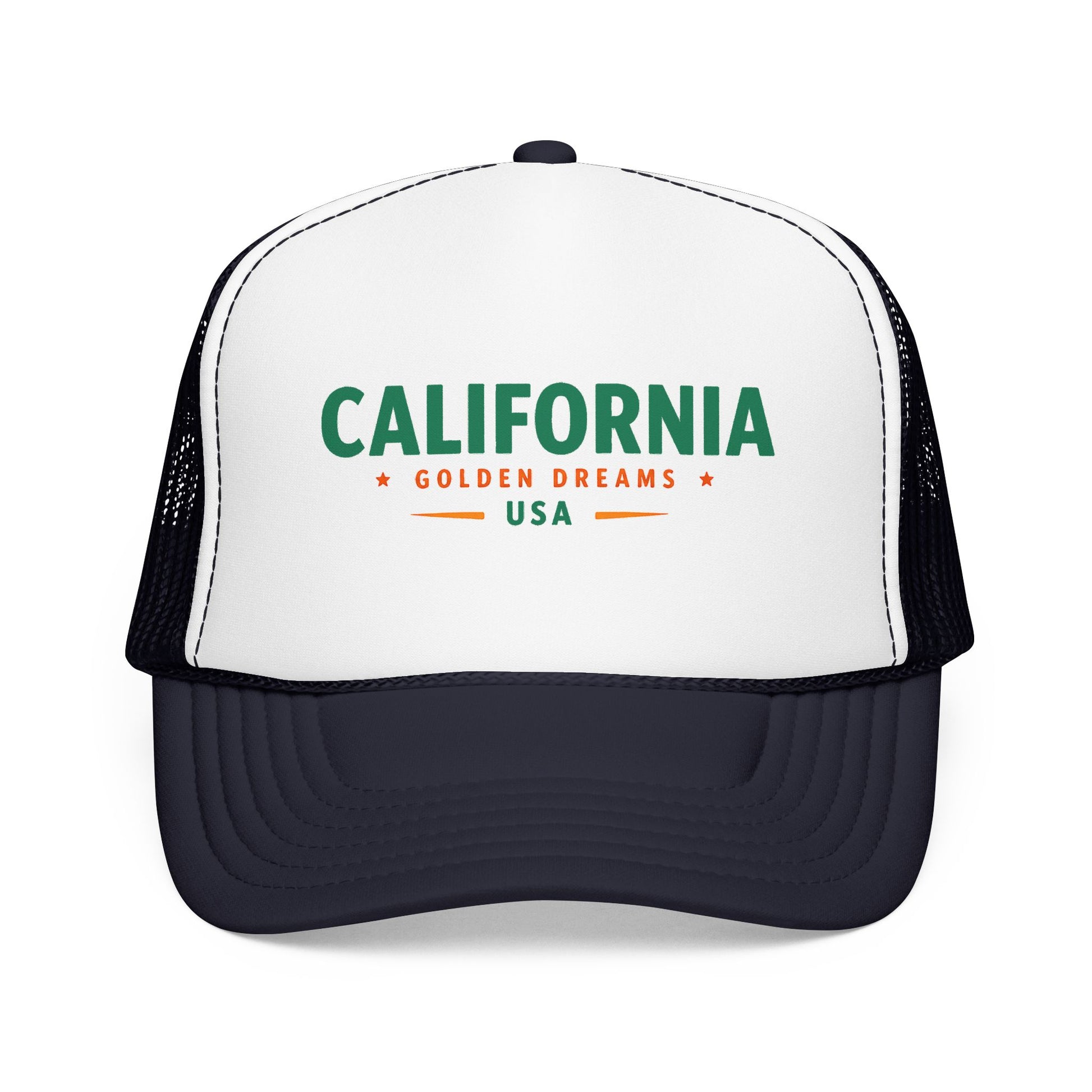 Two-tone trucker hat with white front, dark navy mesh sides, and green “California” logo