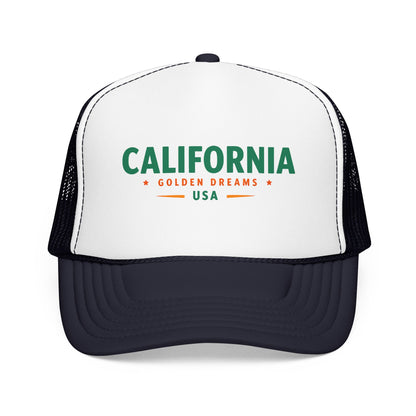 Two-tone trucker hat with white front, dark navy mesh sides, and green “California” logo