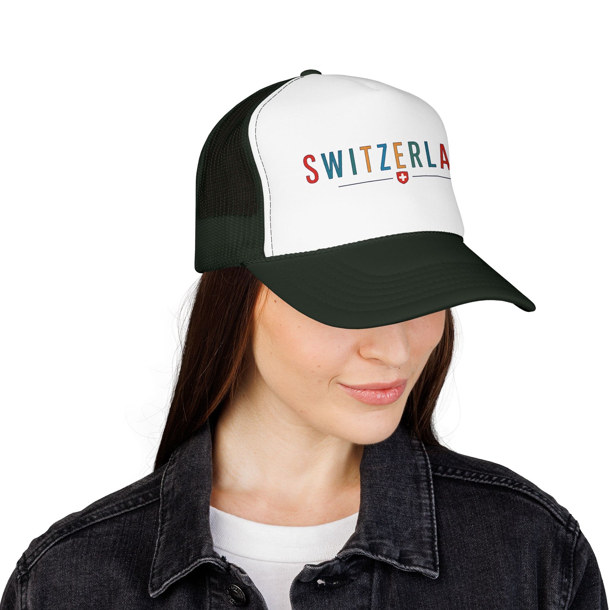 Dark green and white foam trucker cap with mesh back, side view, "SWITZERLAN" logo