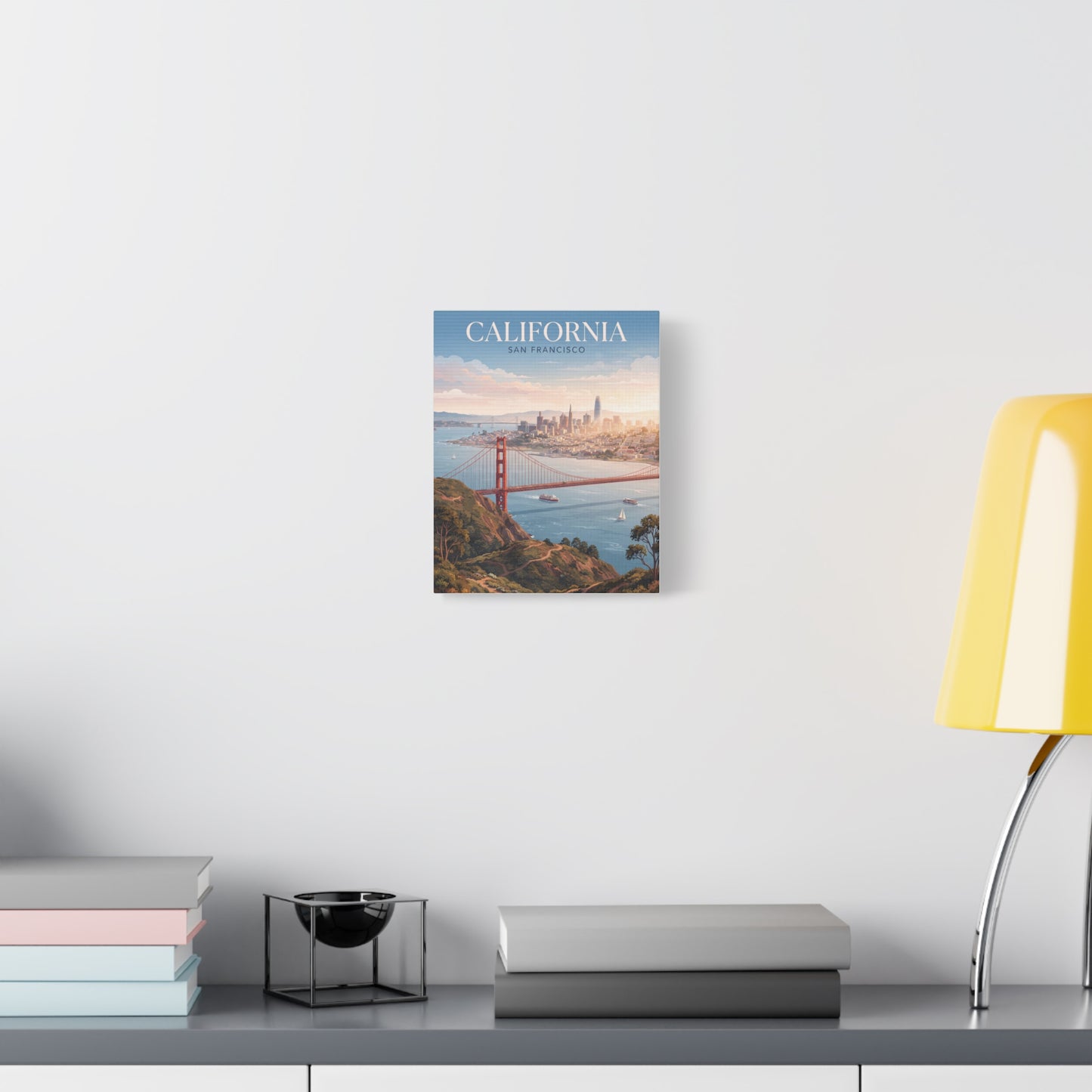 Small Golden Gate Bridge canvas wall art with “California” header