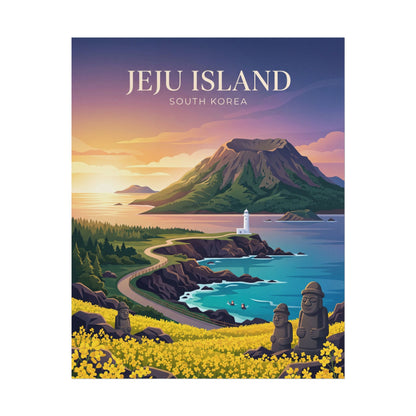 Jeju Island South Korea scenic wall poster hanging, mountain, coast lighthouse, yellow blooms