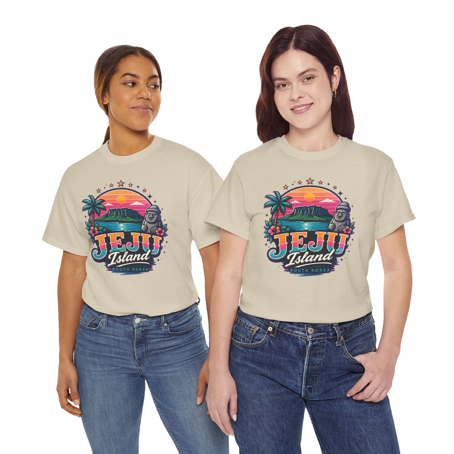 Natural beige crew-neck t-shirt with colorful 'JEJU Island' front graphic