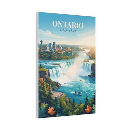Ontario Niagara Falls canvas wall art with tall waterfall, scenic river, and ONTARIO text