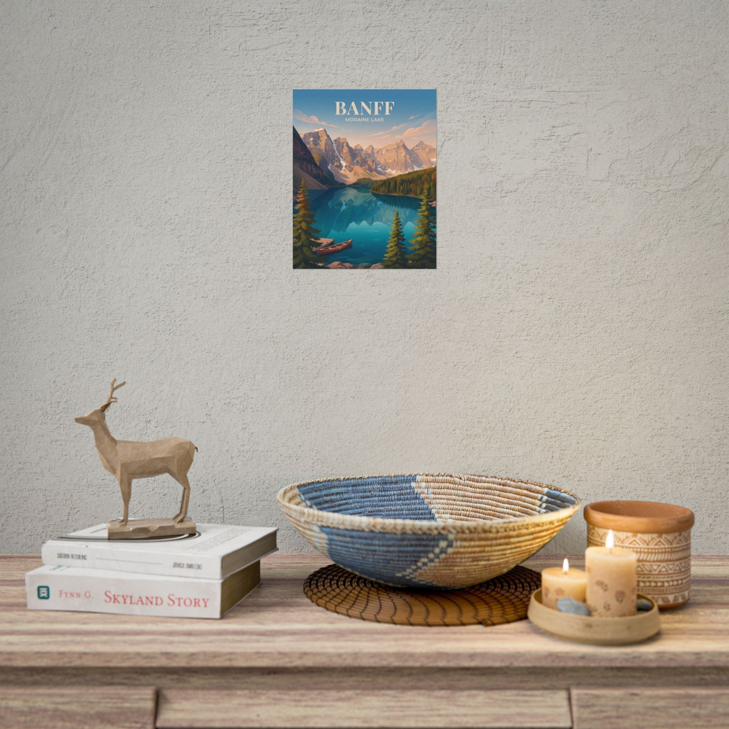 Banff Moraine Lake small wall poster above console table with candle jars and woven basket