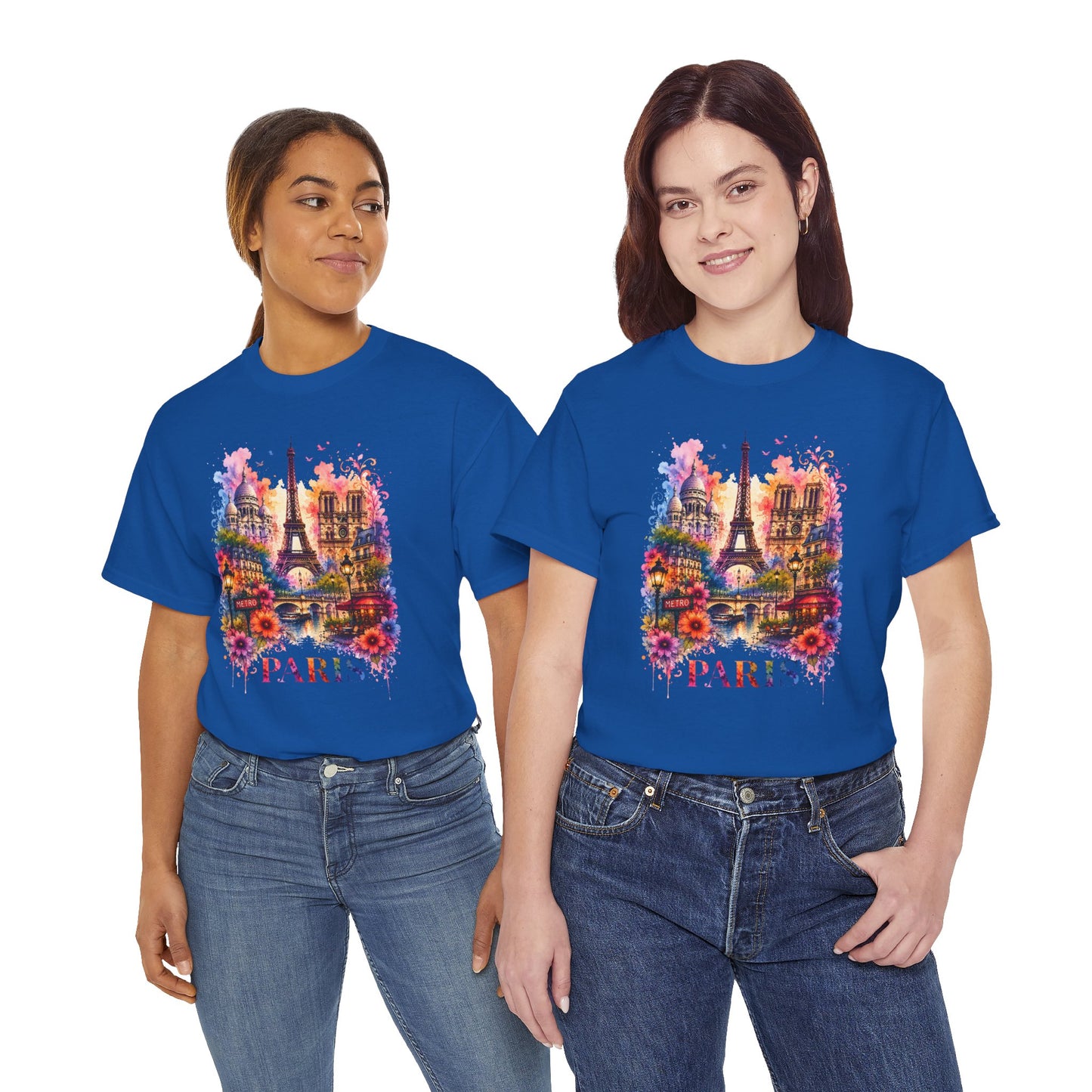Royal blue T-shirt with colorful Eiffel Tower floral graphic and PARIS text