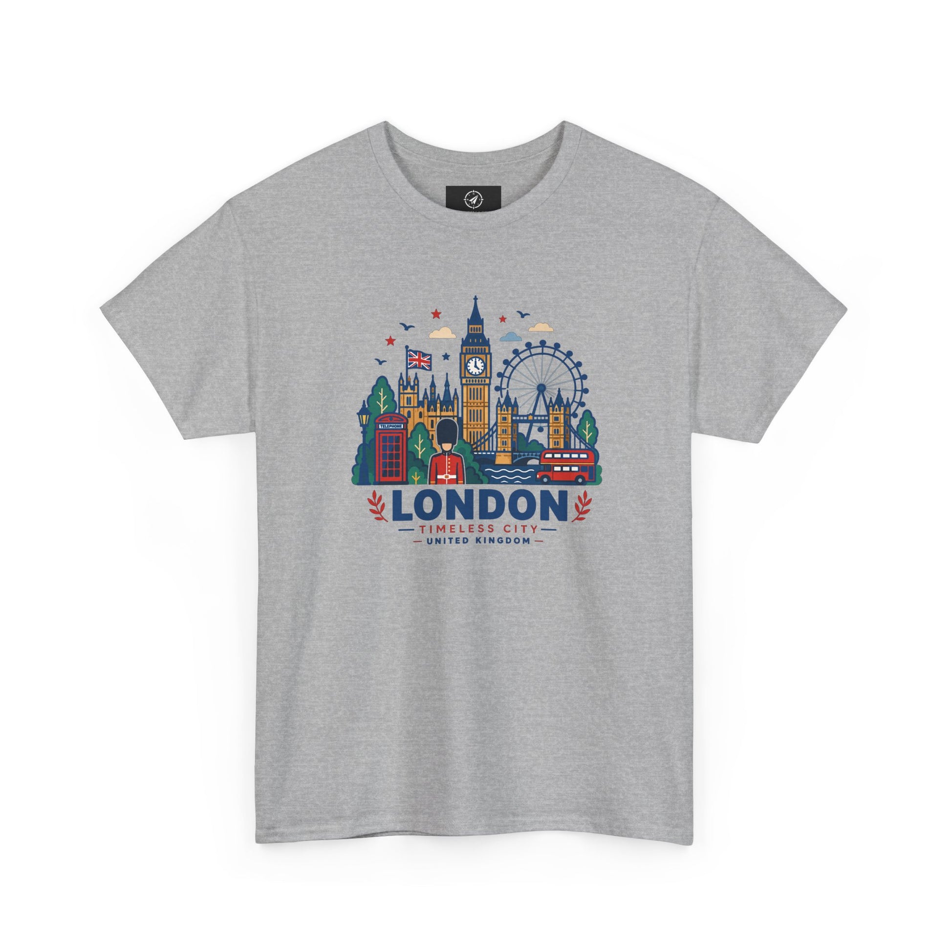 Heather gray crew neck T-shirt with colorful London skyline graphic on the front