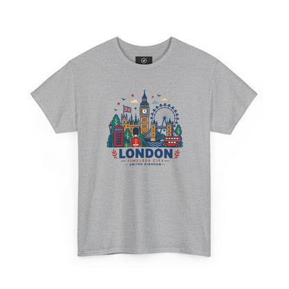 Heather gray crew neck T-shirt with colorful London skyline graphic on the front