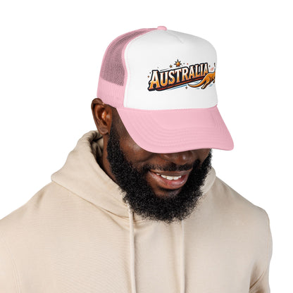 Australia trucker hat with pink and white panels, curved brim, and front logo patch
