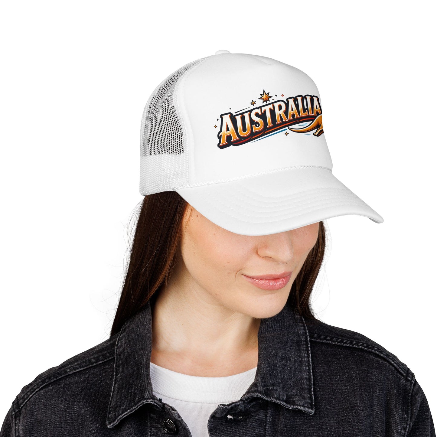 Australia trucker hat on a woman, white mesh sides, white front, curved brim