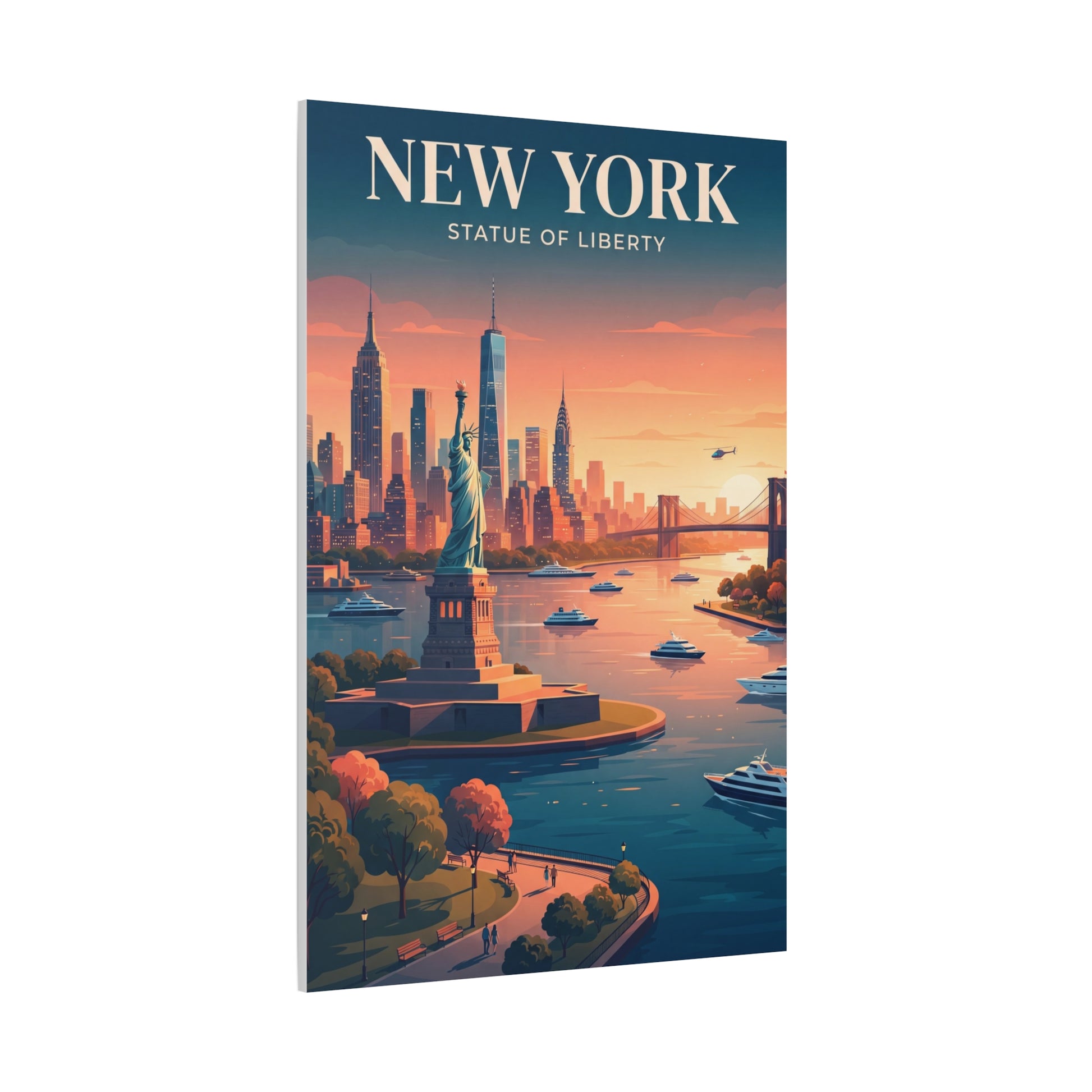 Portrait canvas wall art with Statue of Liberty, boats, and skyline at sunset, visible edges