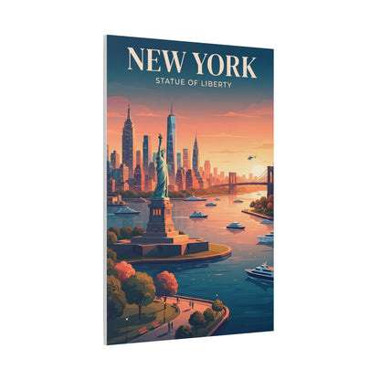 Portrait canvas wall art with Statue of Liberty, boats, and skyline at sunset, visible edges