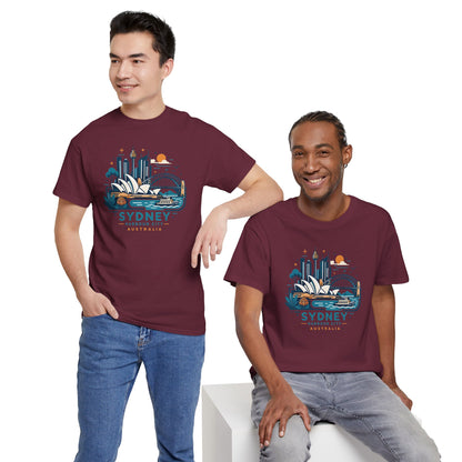 Maroon crew-neck T-shirt with Sydney cityscape front graphic and short sleeves.