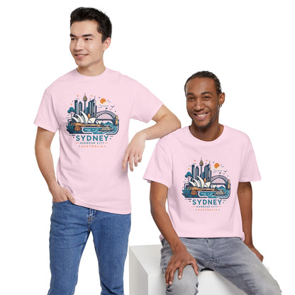 Light pink crew-neck T-shirt with Sydney cityscape front print