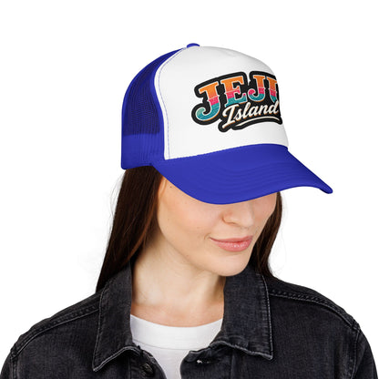 Foam trucker cap in blue and white with 'JEJU Island' logo worn by a woman