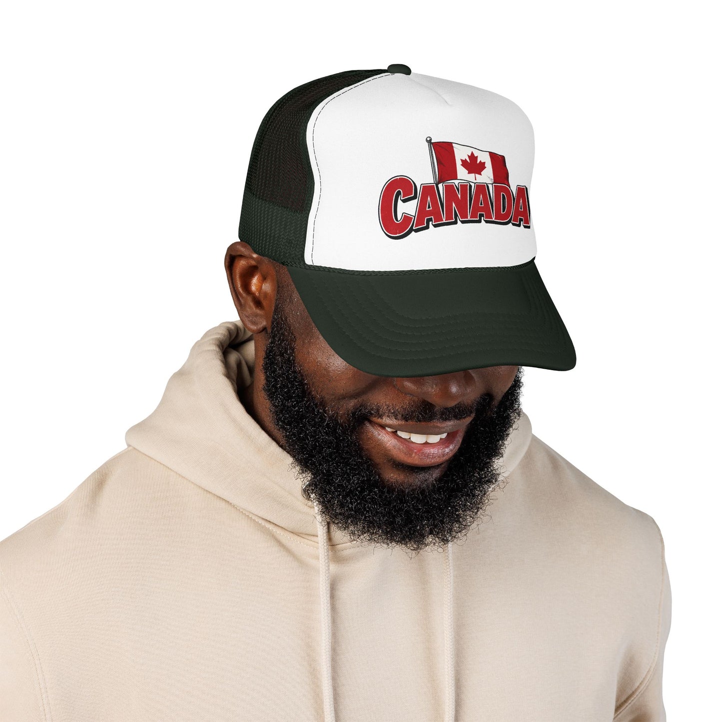 Canada flag trucker hat with dark green brim, white front panel, Canada crest logo