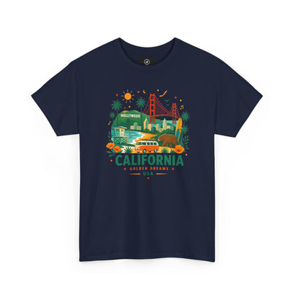 Navy short-sleeve crewneck T-shirt with colorful California graphic print