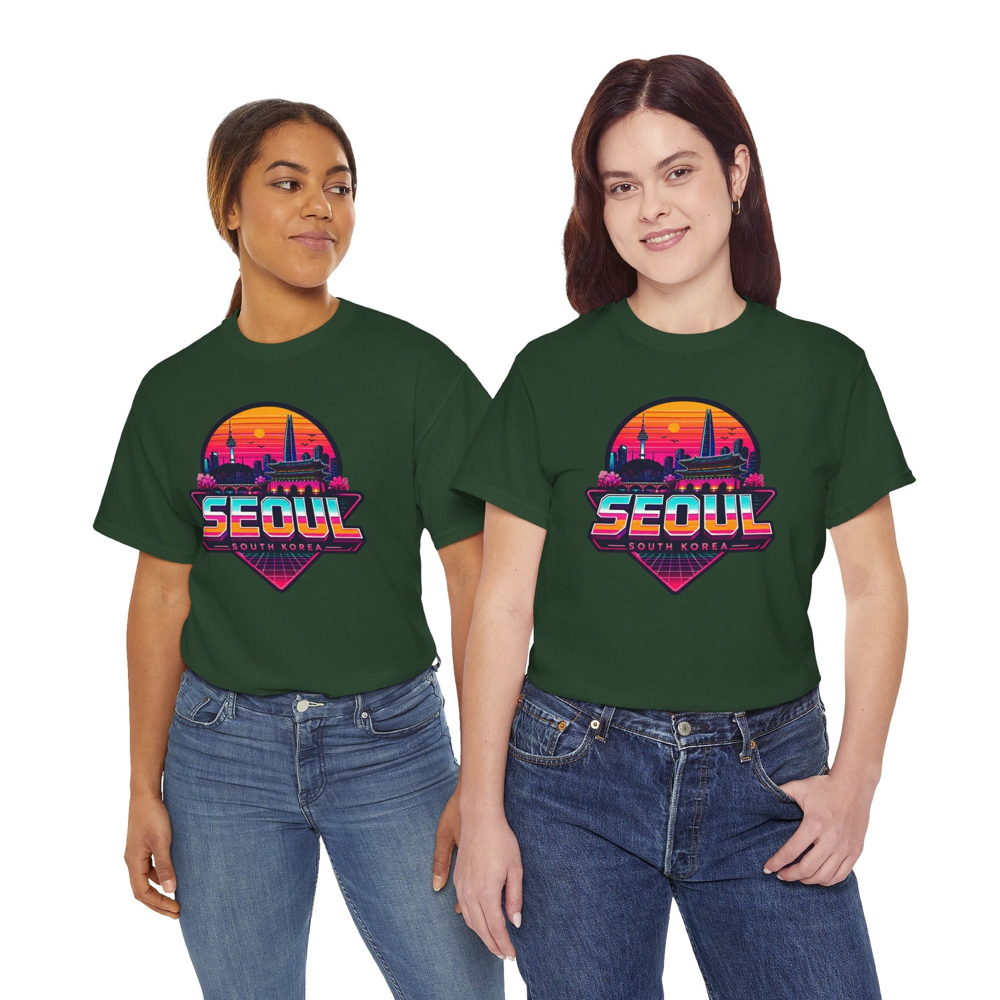 Green crewneck T-shirt with large “SEOUL” retro city graphic on the chest