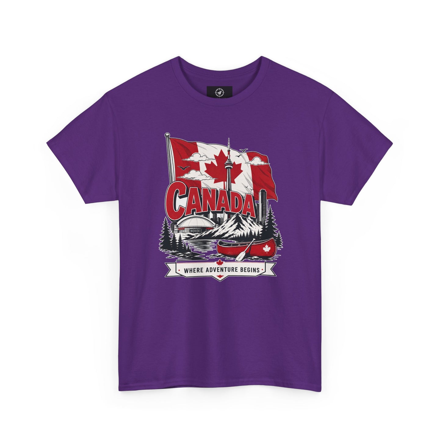 Purple crew-neck t-shirt with Canada flag and logo graphic on the chest