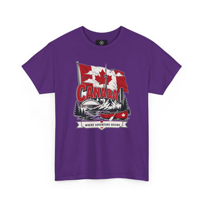 Purple crew-neck t-shirt with Canada flag and logo graphic on the chest