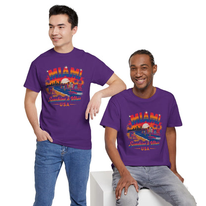 Purple graphic t-shirt with Miami skyline front print and 'USA' lettering