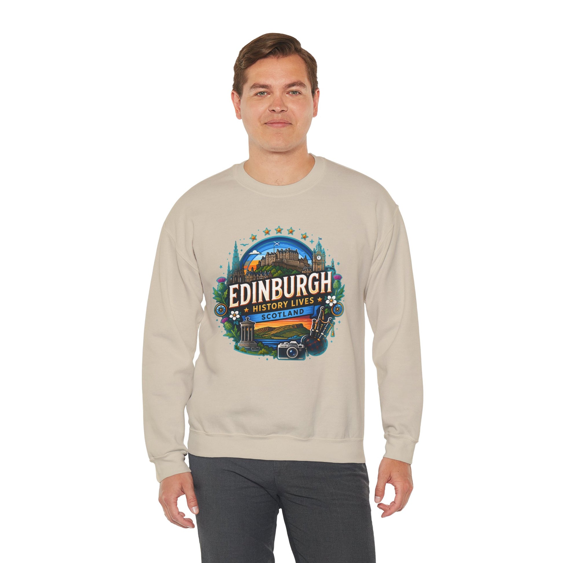 Light sand crewneck sweatshirt with front printed Edinburgh graphic logo