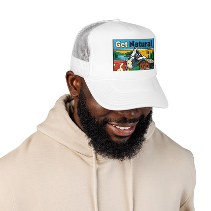 White trucker hat with Get Natural logo patch on wearer, curved brim