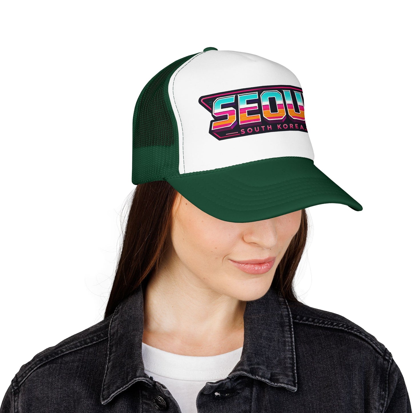 Dark green and white trucker hat with “SEOUL South Korea” logo patch on front panel
